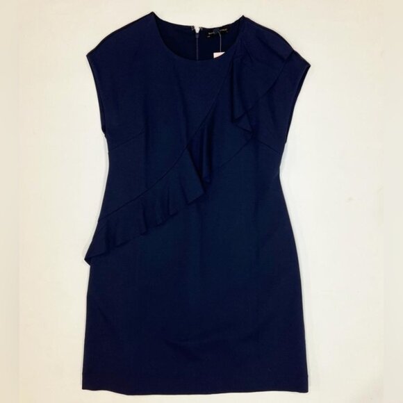 NWT BANANA REPUBLIC Crew Neck Asymmetrical Ruffle Navy Sheath Dress Lined Sz 8P - Picture 7 of 15